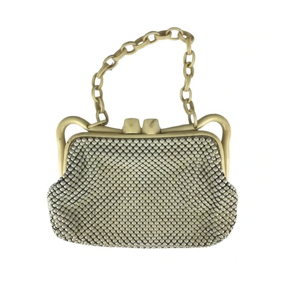 Whiting & Davis Co. Womens Beige Mesh Bakelite Chain‎ Strap Top Handle Bag - Picture 1 of 8